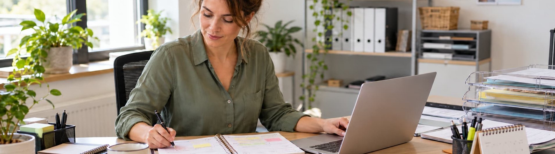 Mitarbeiterin organisiert ihren Büroalltag am Schreibtisch mit Laptop, Terminkalender und Unterlagen.