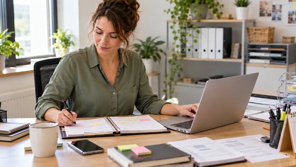 Mitarbeiterin organisiert ihren Büroalltag am Schreibtisch mit Laptop, Terminkalender und Unterlagen.