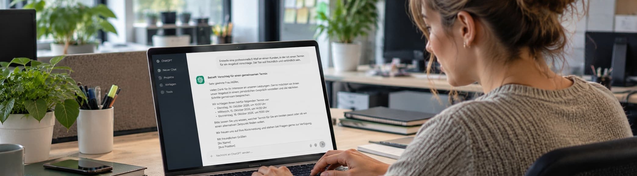 Frau nutzt ChatGPT am Laptop, um mithilfe Künstlicher Intelligenz eine geschäftliche E-Mail zu erstellen.