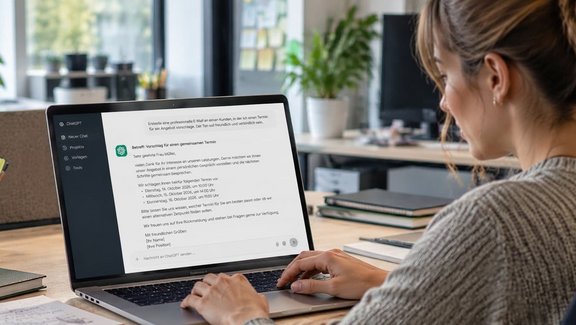 Frau nutzt ChatGPT am Laptop, um mithilfe Künstlicher Intelligenz eine geschäftliche E-Mail zu erstellen.